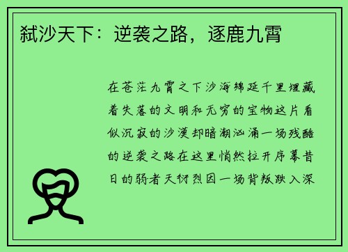 弑沙天下：逆袭之路，逐鹿九霄